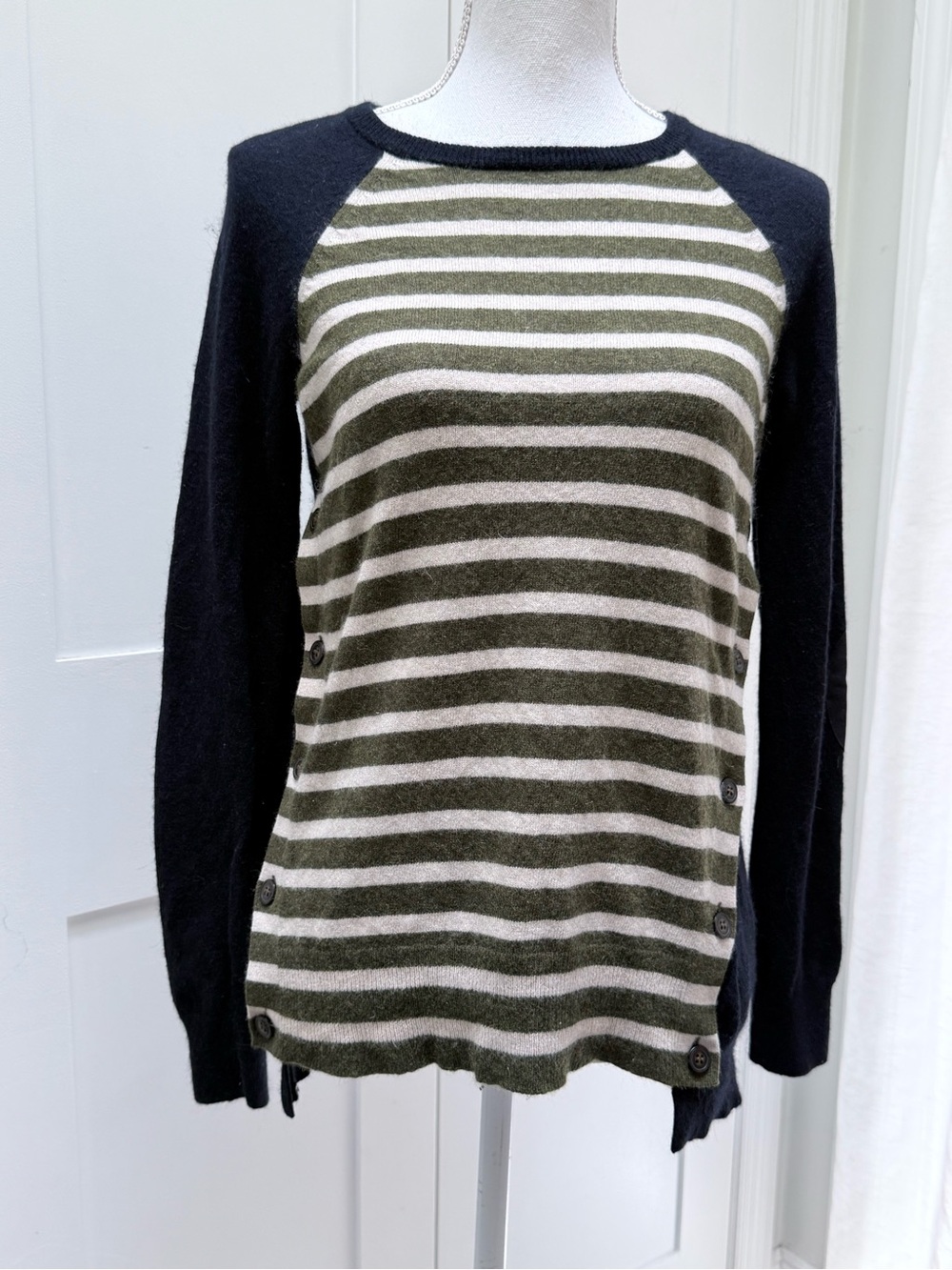 J.Crew Striped Side Button Sweater XS Wool Rabbit Hair Navy Olive Elbow Patch